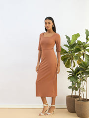 Women Rust Knitted Square Neck Bodycon Midi Dress