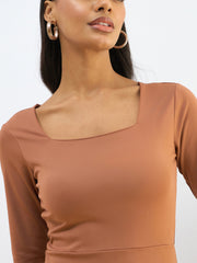 Women Rust Knitted Square Neck Bodycon Midi Dress