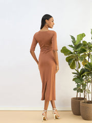 Women Rust Knitted Square Neck Bodycon Midi Dress