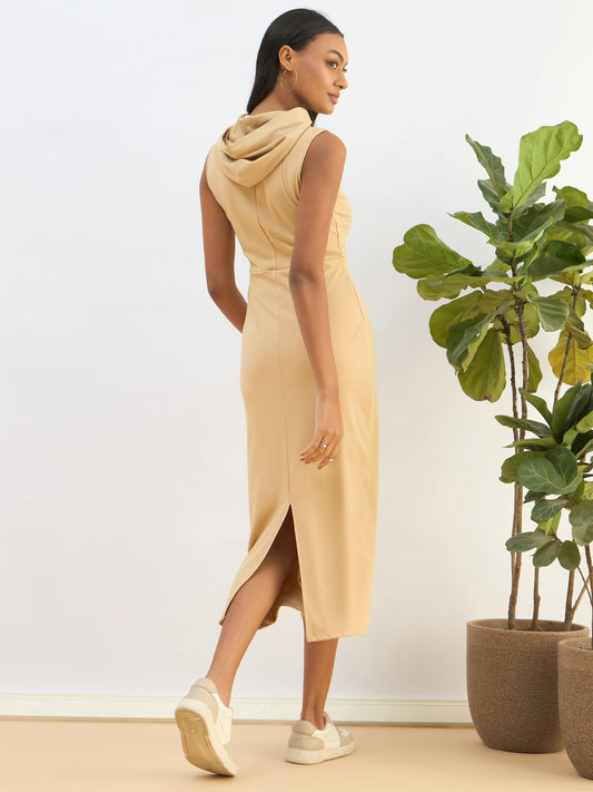 Women Beige Knitted Hooded Sleveeless Bodycon Midi Dress