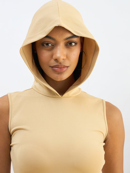 Women Beige Knitted Hooded Sleveeless Bodycon Midi Dress