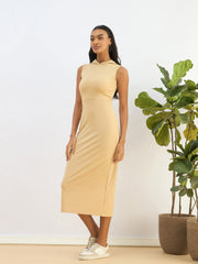 Women Beige Knitted Hooded Sleveeless Bodycon Midi Dress