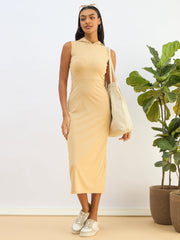Women Beige Knitted Hooded Sleveeless Bodycon Midi Dress