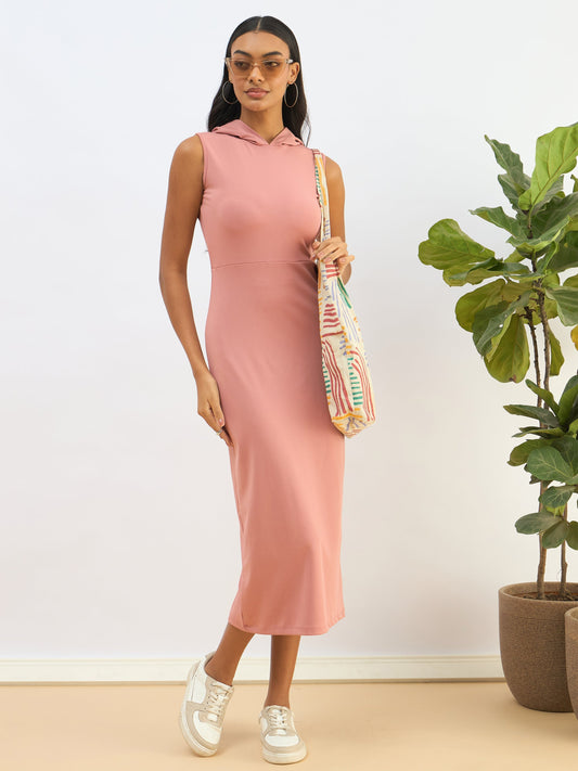 Women Pink Knitted Hooded Sleveeless Bodycon Midi Dress