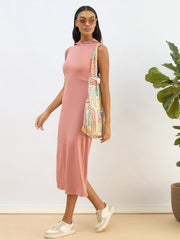 Women Pink Knitted Hooded Sleveeless Bodycon Midi Dress