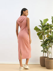 Women Pink Knitted Hooded Sleveeless Bodycon Midi Dress