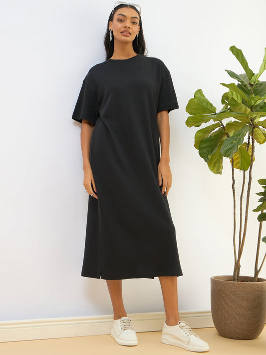Women Black Waffle Side Slit Oversized T-Shirt Dress
