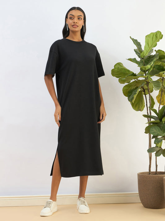 Women Black Waffle Side Slit Oversized T-Shirt Dress