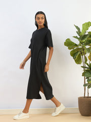 Women Black Waffle Side Slit Oversized T-Shirt Dress