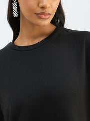Women Black Waffle Side Slit Oversized T-Shirt Dress