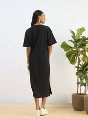 Women Black Waffle Side Slit Oversized T-Shirt Dress