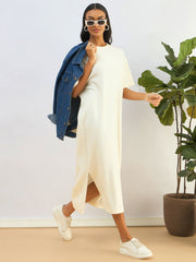 Women White Waffle Side Slit Oversized T-Shirt Dress