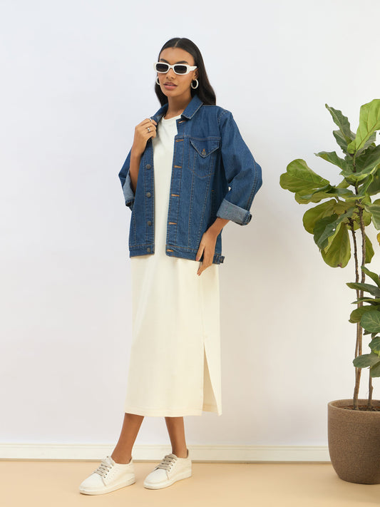 Women White Waffle Side Slit Oversized T-Shirt Dress