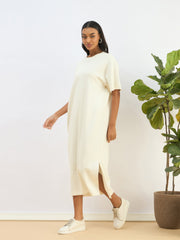 Women White Waffle Side Slit Oversized T-Shirt Dress