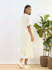 Women White Waffle Side Slit Oversized T-Shirt Dress