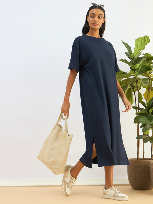 Women Navy Waffle Side Slit Oversized T-Shirt Dress