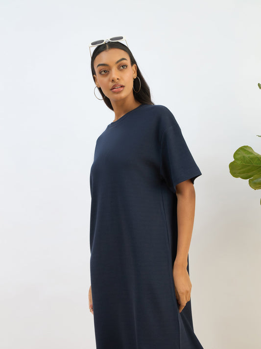 Women Navy Waffle Side Slit Oversized T-Shirt Dress