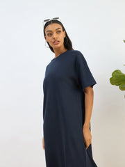 Women Navy Waffle Side Slit Oversized T-Shirt Dress