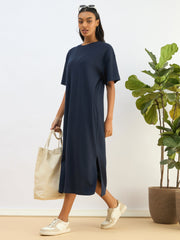 Women Navy Waffle Side Slit Oversized T-Shirt Dress