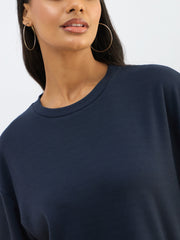 Women Navy Waffle Side Slit Oversized T-Shirt Dress