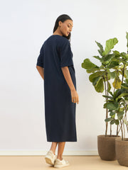 Women Navy Waffle Side Slit Oversized T-Shirt Dress