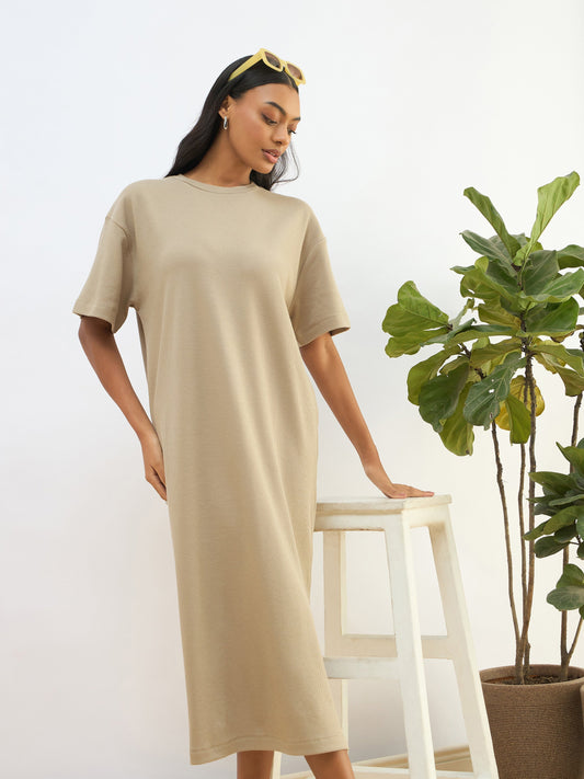 Women Olive Waffle Side Slit Oversized T-Shirt Dress