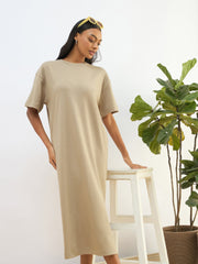 Women Olive Waffle Side Slit Oversized T-Shirt Dress