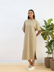 Women Olive Waffle Side Slit Oversized T-Shirt Dress