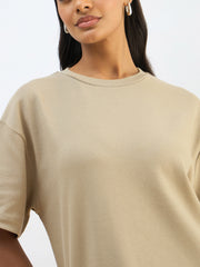 Women Olive Waffle Side Slit Oversized T-Shirt Dress