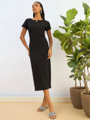 Women Black Ribbed V-Neck Back Slit Midi Dress