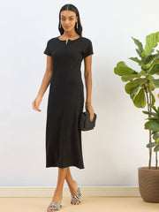 Women Black Ribbed V-Neck Back Slit Midi Dress