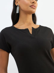 Women Black Ribbed V-Neck Back Slit Midi Dress