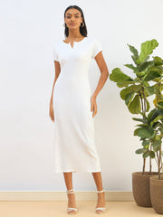 Women White Ribbed V-Neck Back Slit Midi Dress