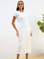Women White Ribbed V-Neck Back Slit Midi Dress