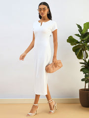 Women White Ribbed V-Neck Back Slit Midi Dress