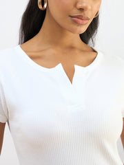 Women White Ribbed V-Neck Back Slit Midi Dress