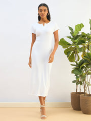 Women White Ribbed V-Neck Back Slit Midi Dress