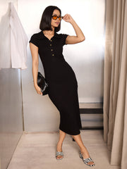 Women Black Rib Cap Sleeve Midi Dress