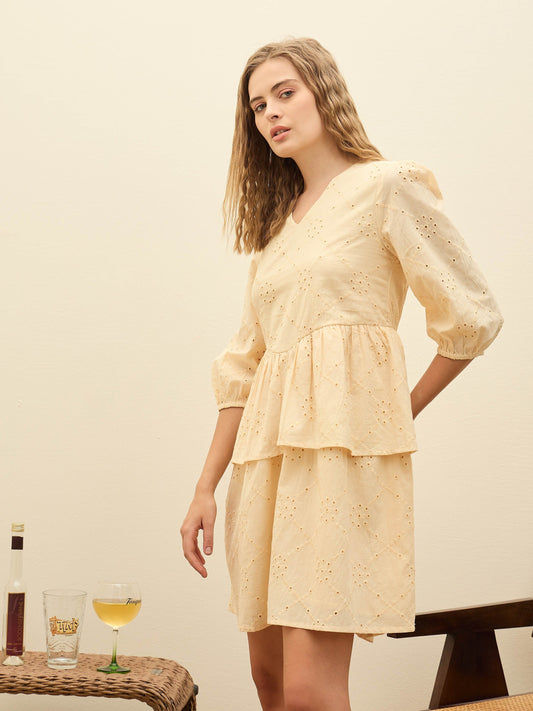 Women Ecru Schiffli V-Neck Frill Detail Short Dress
