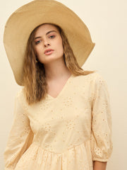 Women Ecru Schiffli V-Neck Frill Detail Short Dress