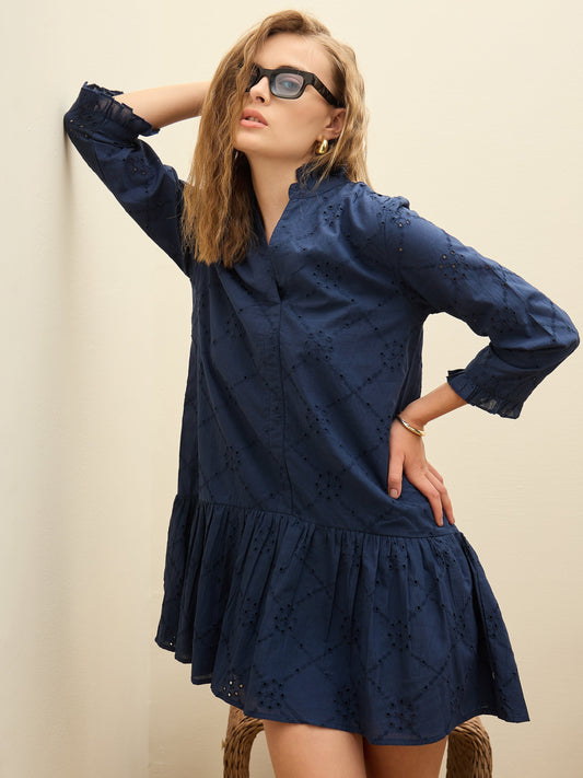 Women Blue Schiffli Mandarin Collar Short Dress