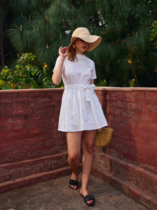 Women White Schiffli Round Neck Belted Short Dress