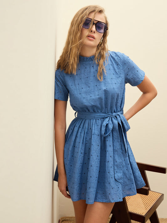 Women Blue Schiffli Round Neck Belted Short Dress
