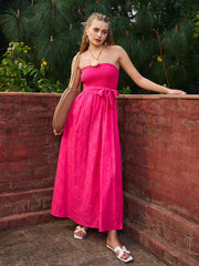 Women Fuchsia Schiffli Smocking Detail Midi Dress