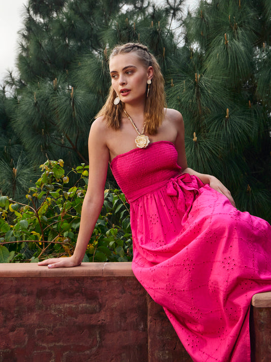 Women Fuchsia Schiffli Smocking Detail Midi Dress