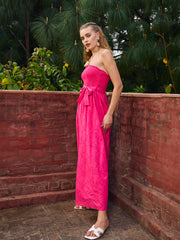 Women Fuchsia Schiffli Smocking Detail Midi Dress