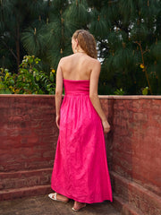 Women Fuchsia Schiffli Smocking Detail Midi Dress
