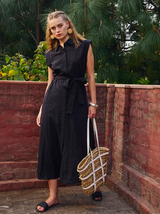 Women Black Schiffli Button Down Midi Dress
