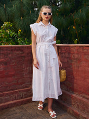 Women White Schiffli Button Down Midi Dress