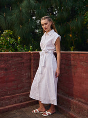 Women White Schiffli Button Down Midi Dress